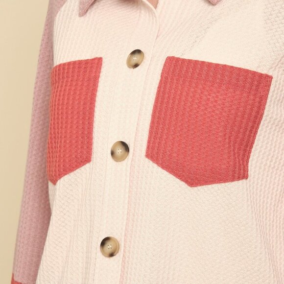 MYSTREE Colorblock Button Down Shirt , Waffle Knit Button Down Top, Pink Blush - Picture 8 of 8
